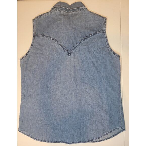 Adobe Rose Denim Western Sleeveless Horse Pearl Snaps Shirt Cowgirl Chic Studs - Picture 10 of 11